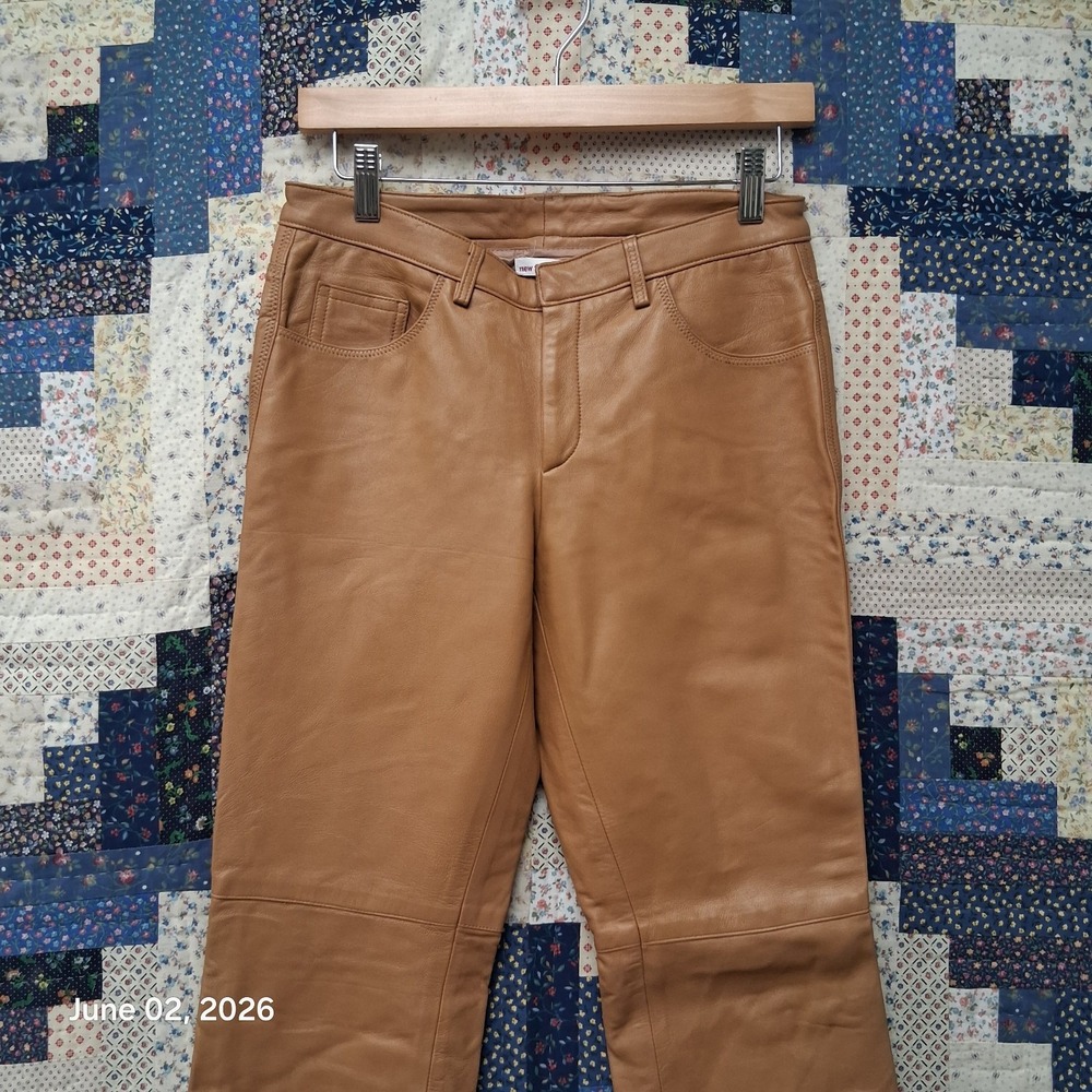 New Frontier Genuine Leather Pants Women Size 2 Camel Tan Straight Leg 28x31